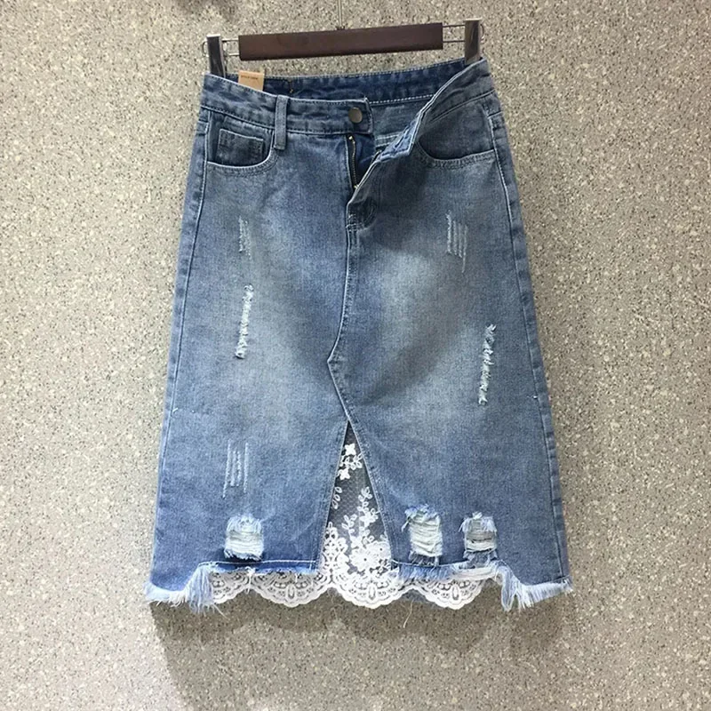 

Elegant Lace Patchwork Denim Skirt Woman 2023 Summer Hole Raw Edge Split Design Mini Skirts Women Korean High Waist A-Line Skirt