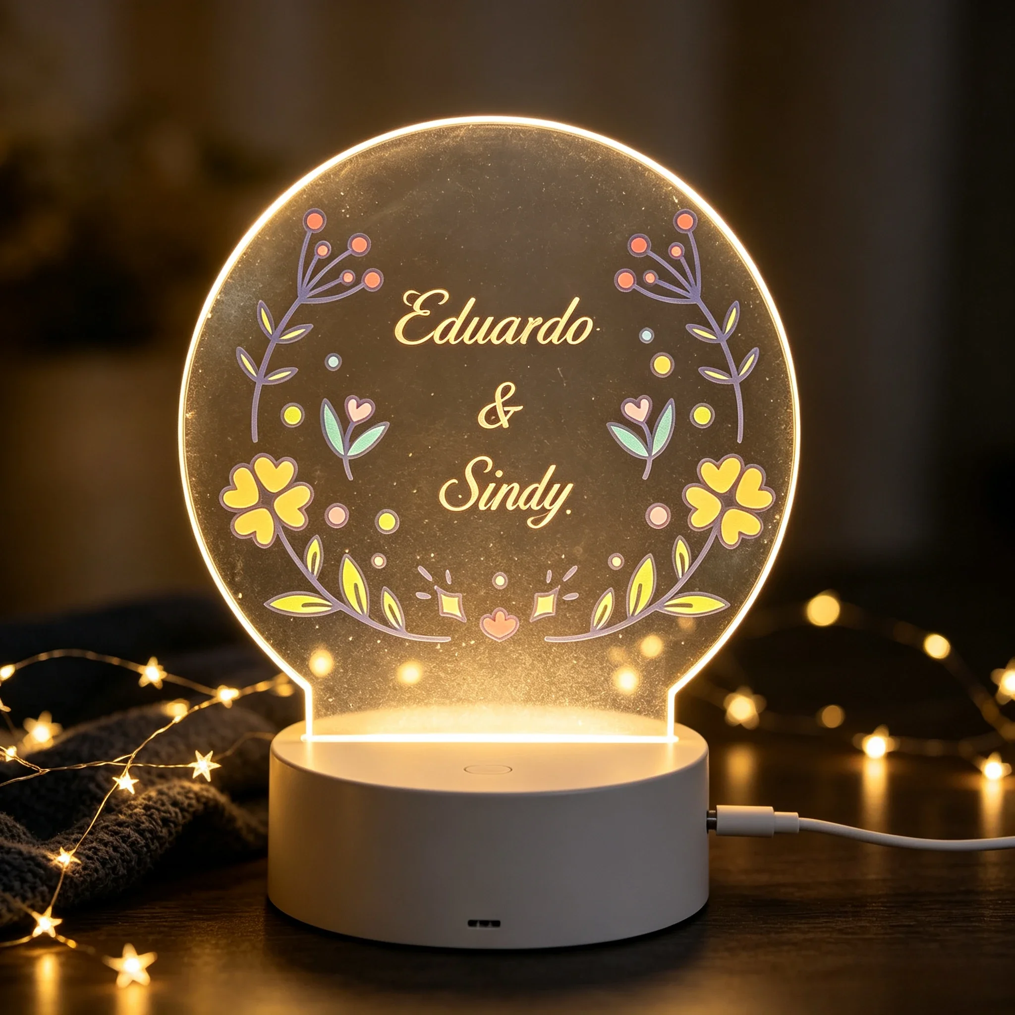 Custom Name Floral Wreath LED Acrylic Night Light, Personalized Couple Name USB Table Lamp Wedding Anniversary Gift