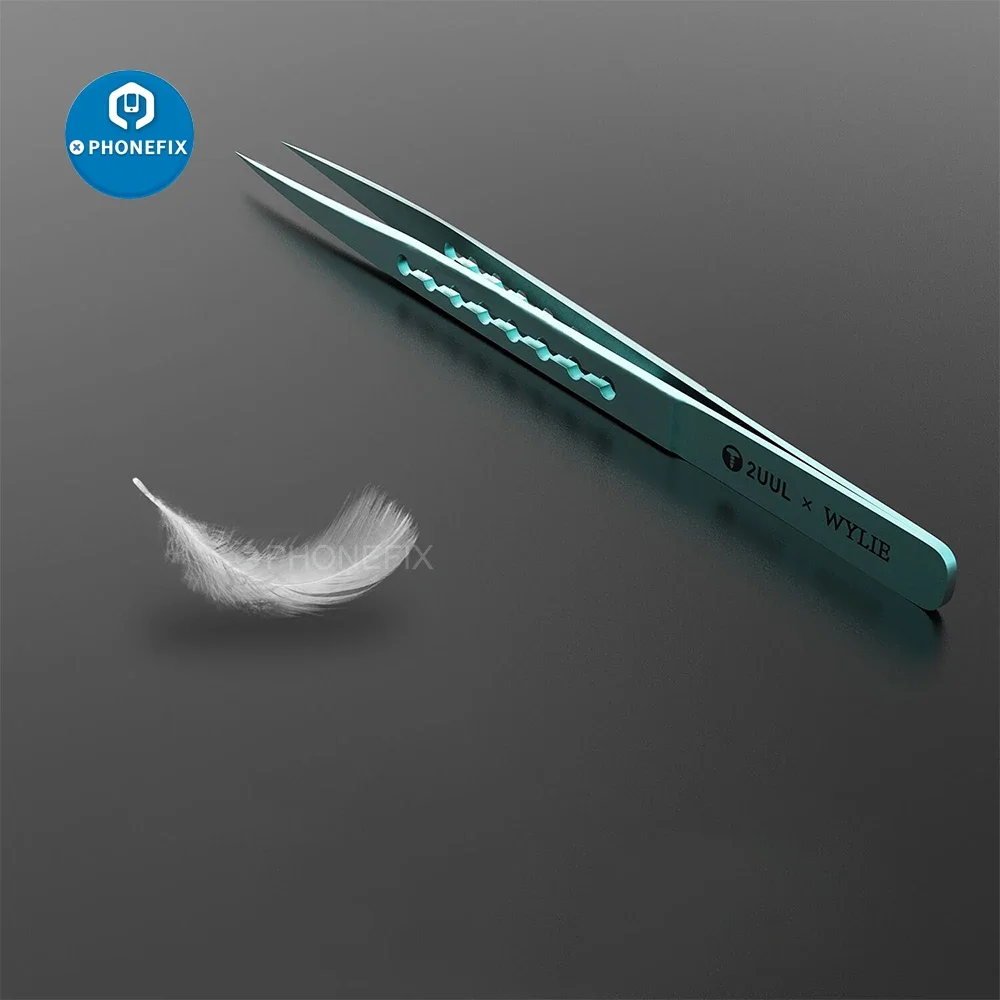 2UUL Titanium Alloy Green Curved Straight Tweezer for Mobile Phone Motherboard Repair Precise Wire Jump Line Firmly Hand Tool