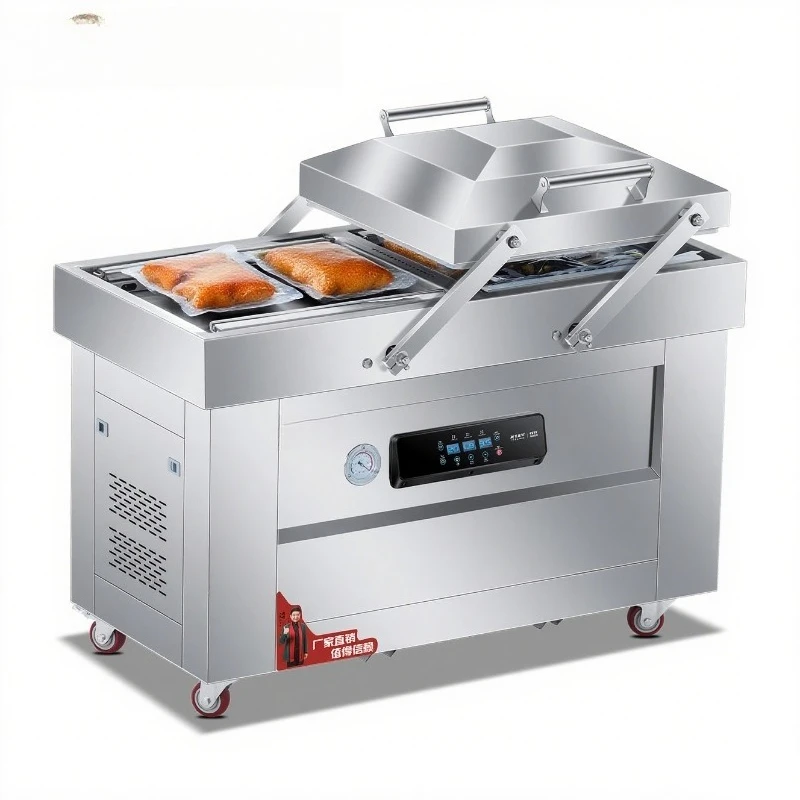 Large scale fully automatic multifunctional food double chamber vacuum filling, packaging and sealing machine