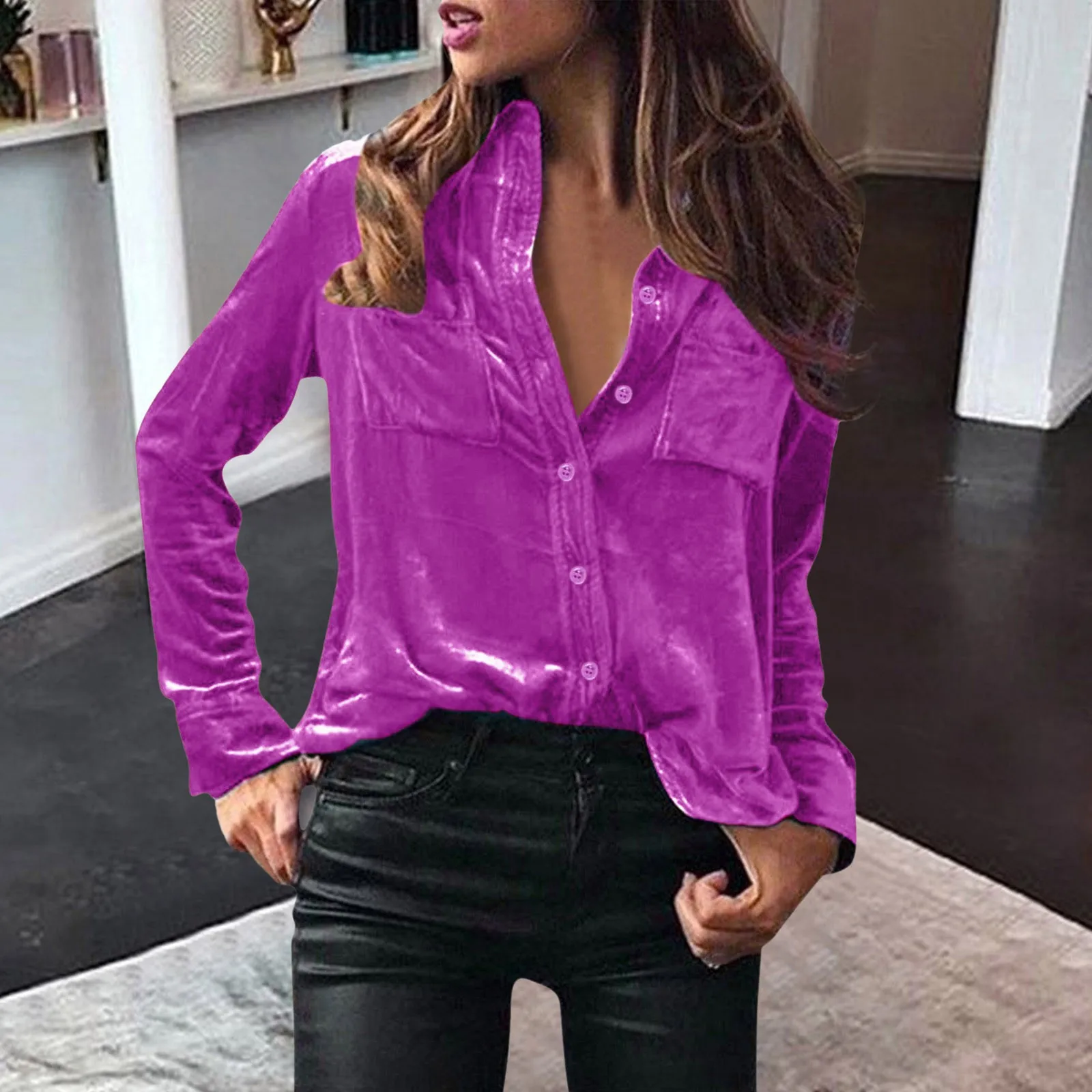 Elegant Women Velvet Shirts Double Pocket Design Solid Color Shirt Autumn Winter Casual Button Blouse Top Blusas Para Mujer