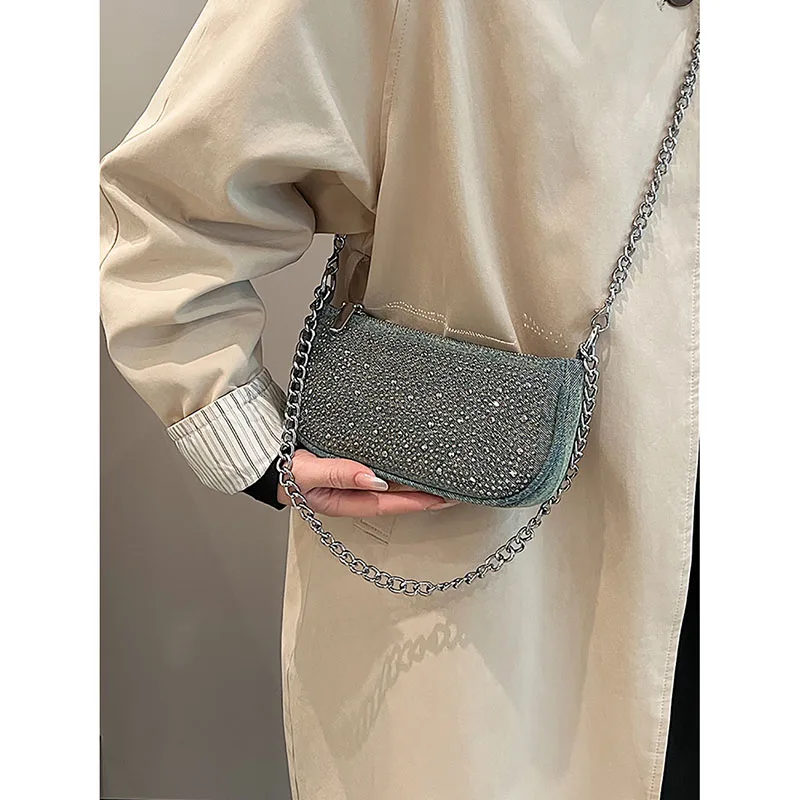 Light Luxury Diamond Denim Texture Chains Underarm Bag High Quality Fashion Small Square Bag Women 2024 New Simple Crossbody Bag