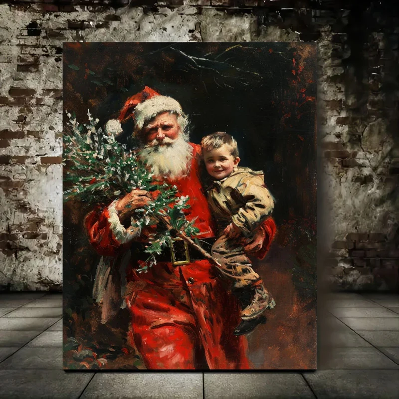 Vintage Norman Rockwell-Inspired Santa Claus & Young Boy Canvas Art - Wooden Framed, Detailed Faces & Hands, Perfect for Living