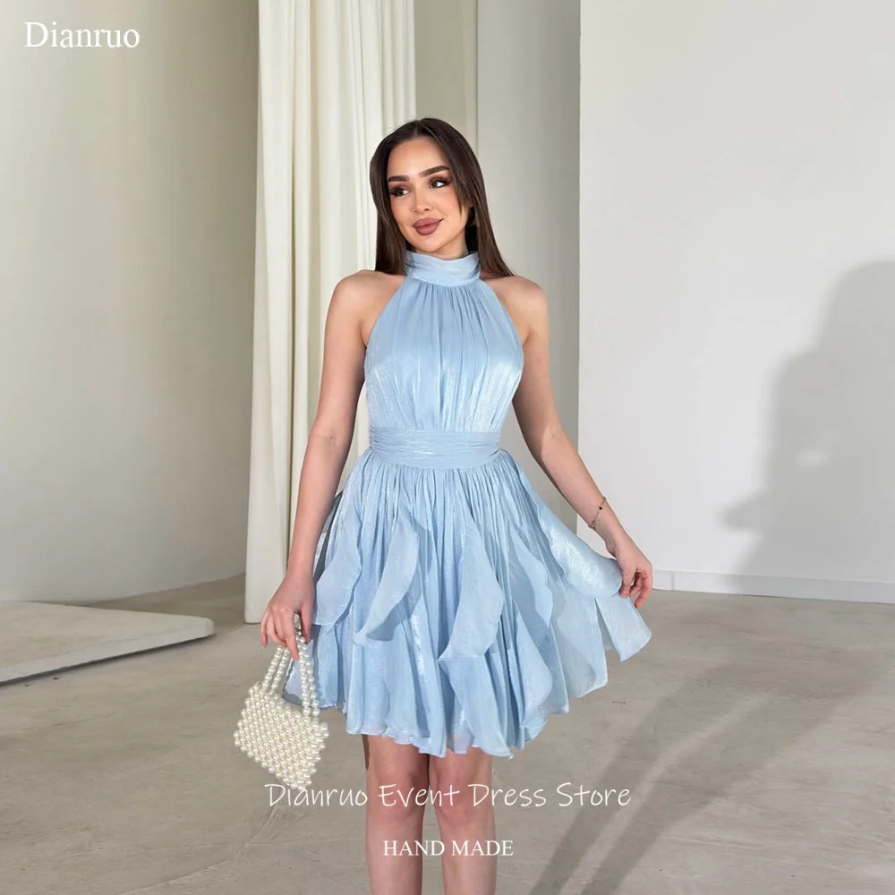 

Dianruo Exquisite Sky Blue Chiffon Prom Dress Layered Ruffle Vestido Invitada Boda Halter Neck Celebrity Dresses Customized