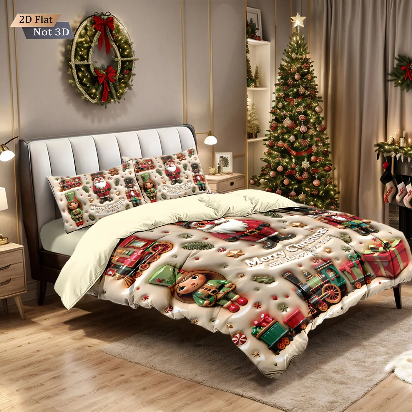 3pcs imitation relief Santa Claus print coreless bedding set soft dormitory bedroom, multiple sizes, machine washable