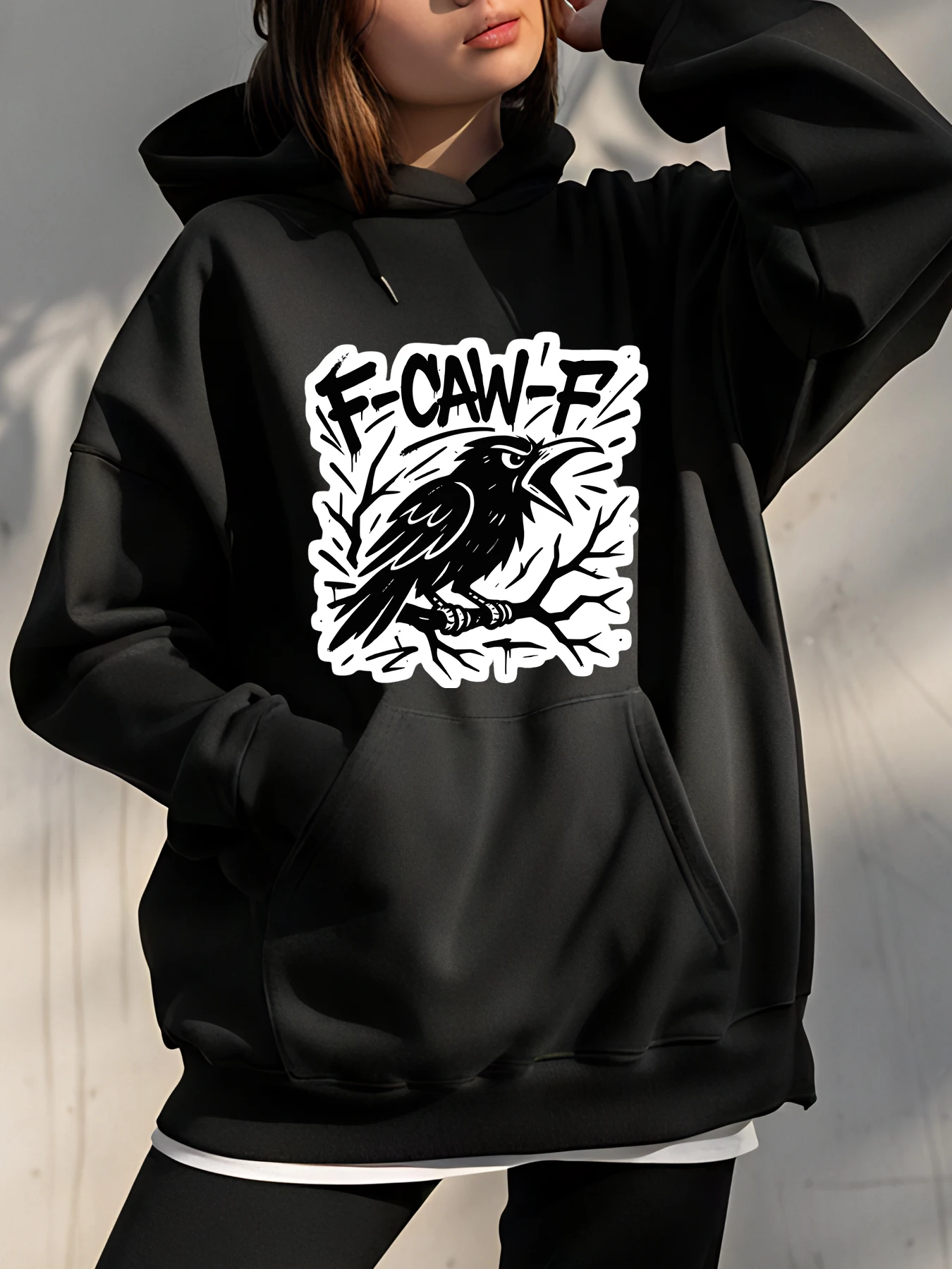 Hoodie Hitam F Caw F Raven Print Oversized Sweatshirt Kasual Streetwear Wanita Pria Unisex Fashion Hooded Top