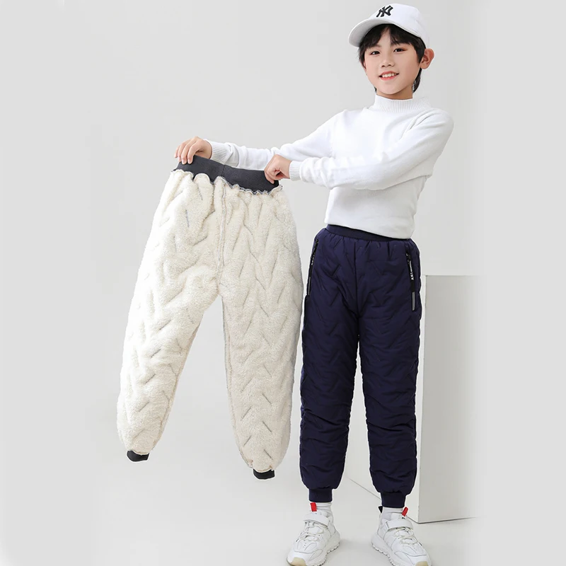 

4-14 Years Winter Boys Pants Solid Color Lambs Wool Lining Thick Keep Warm Trousers For Teen Girls Down Cotton Casual Long Pants