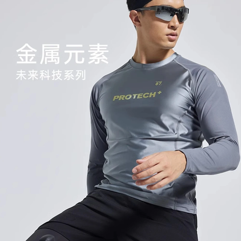 Glossy Black Sports Top Long Sleeve Men's Fitness Running Plus Size T-shirt