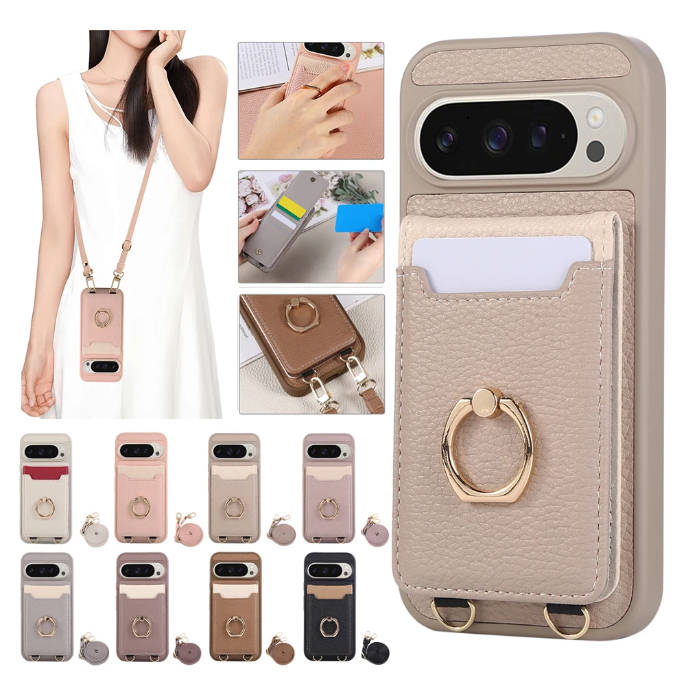 

Crossbody Leather Case for Google Pixel 7A 8A Pro 9A Pro 10A Pro XL Phone Cover Ring Bracket Bumper Cards bag Lanyard Strap