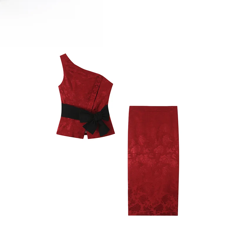 Conjunto de Moda de Dos Piezas para Mujer, Top Asimétrico con Cinturón Bordado y Falda Midi, Fibra de Poliéster, Largo Regula...