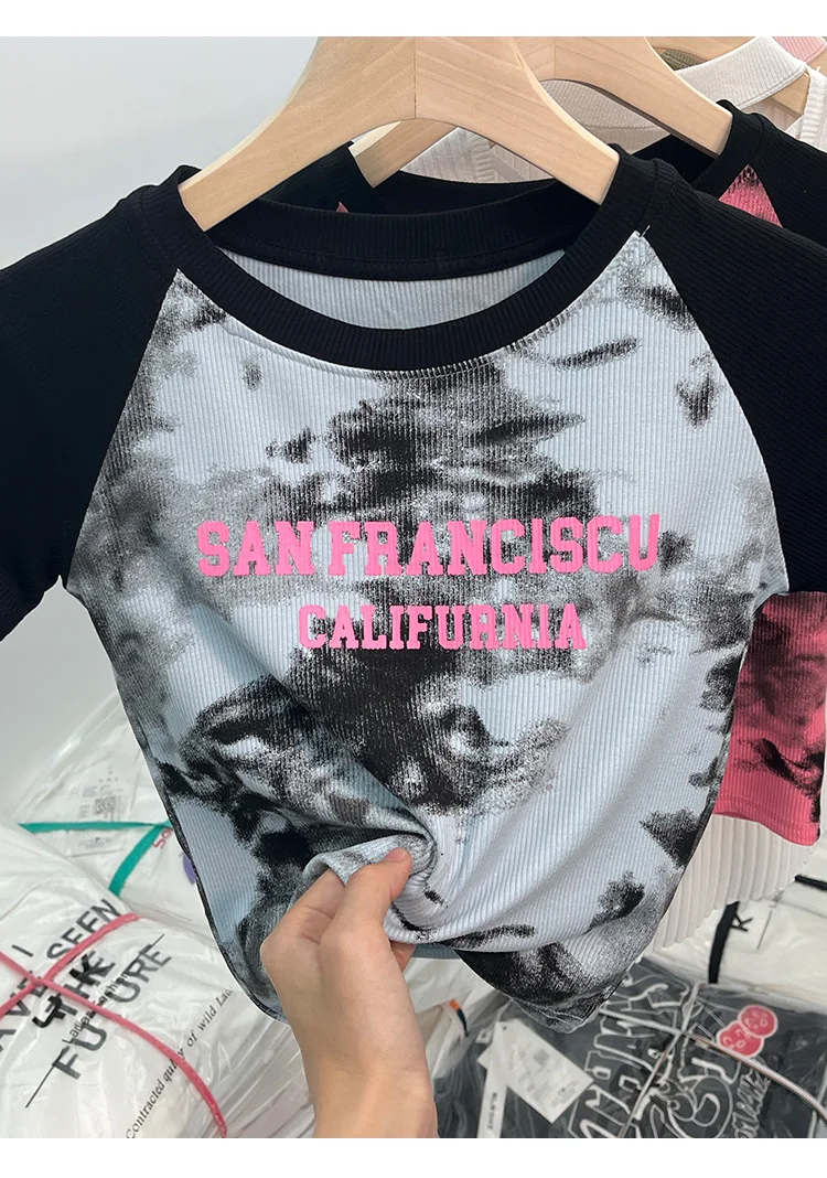 High-End European Style Women's T-Shirt Short Design Dyed Short Sleeve Correct Shoulder Summer Top from Guangzhou Guangdong