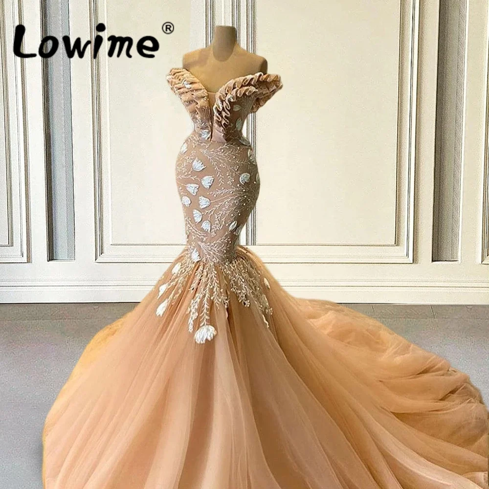 

Arabic Champagne Off Shoulder Evening Dresses Mermaid Lace 3 D Flowers Long Party Gowns Celebrity Dresses Prom Robe De Soiree