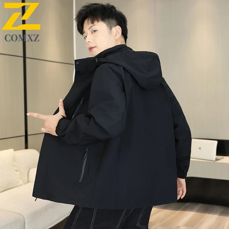 

COMXZ 2025 Мужская куртка, рабочая одежда, легкая ветровка с капюшоном и капюшоном для приключений на открытом воздухе, легкое модное пальто