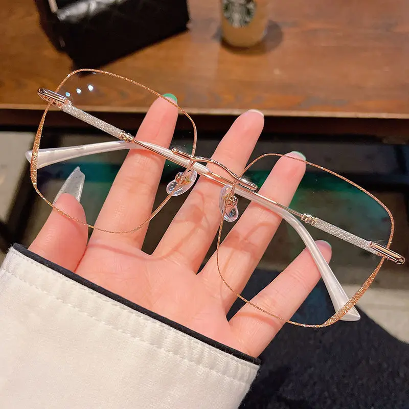 Women\'s Large Frame Myopia Glasses Prescription Eye Glasses Anti Blue Light Myopia Rimless Glasses