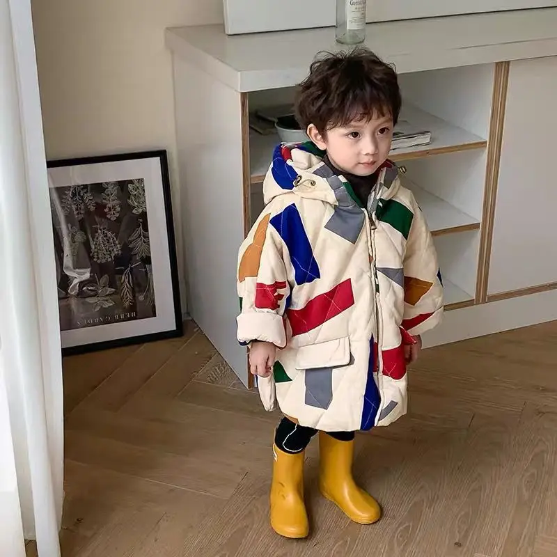 

2025 Autumn/Winter New Thickened Kids Korean Fashion Geometric Print Hooded Padded Coat Boys Girls Warm Jacket