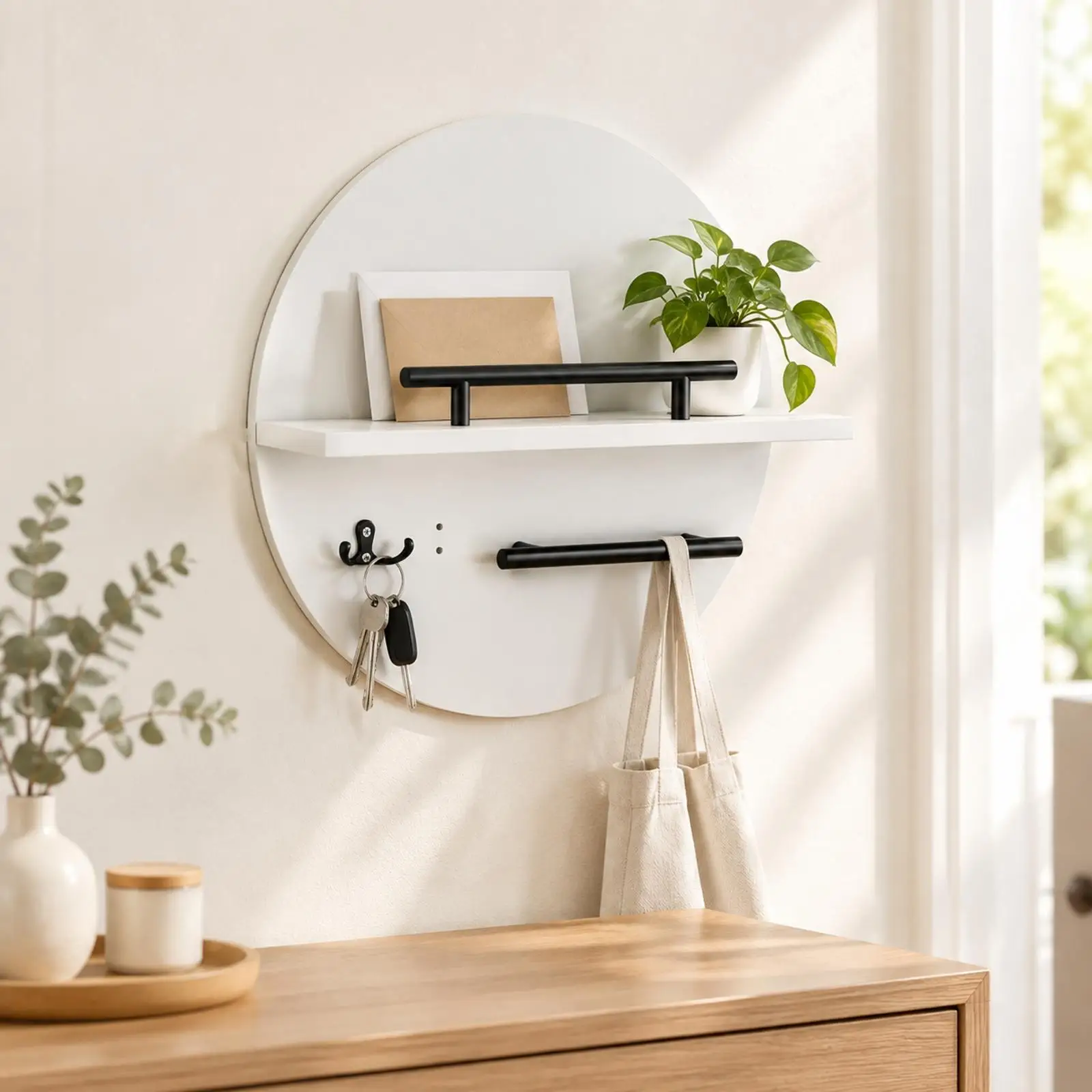 Round Wall Key Organizer with Built in Shelf for Entryway Hallway Living Room Apartment Storage