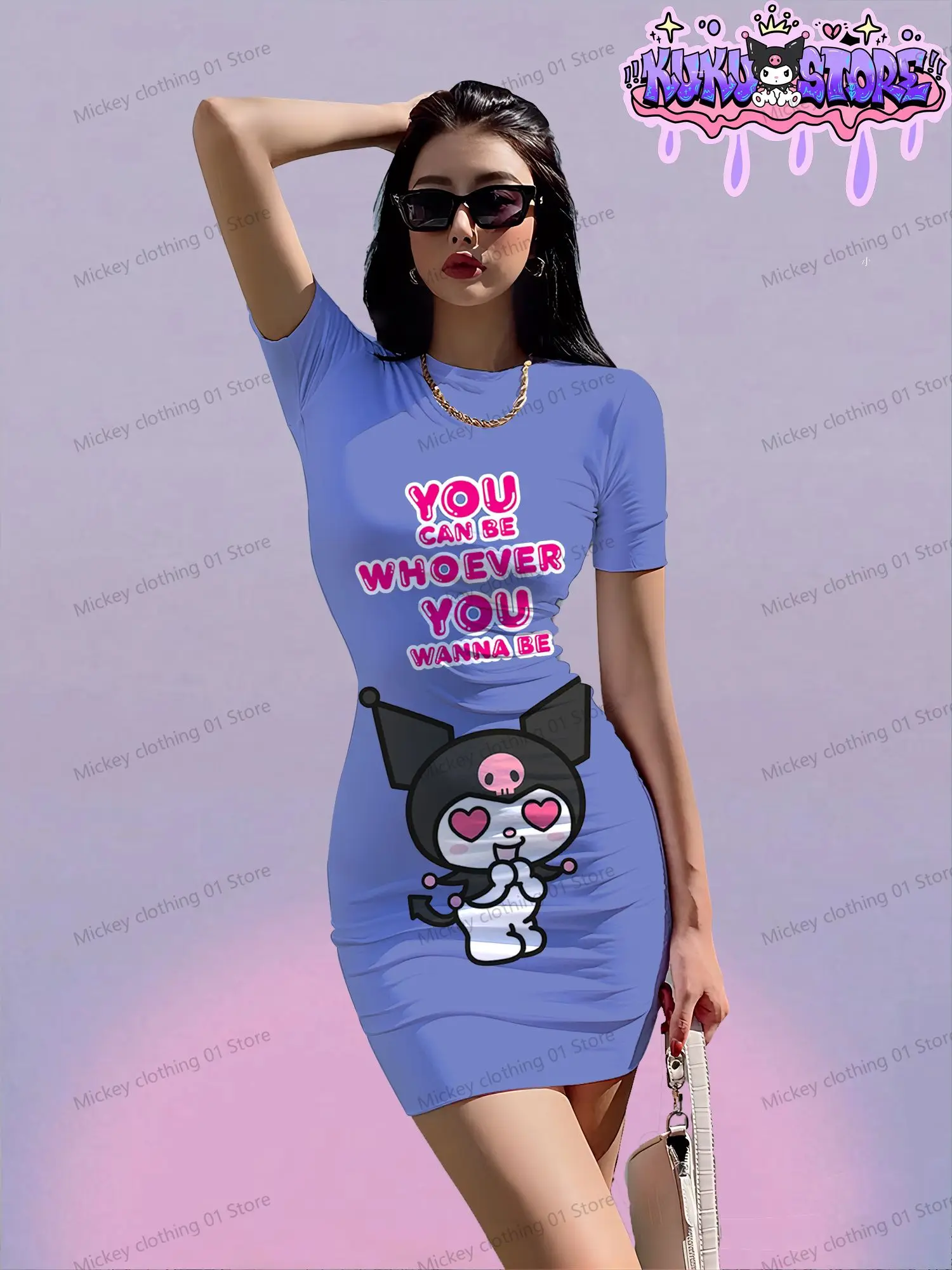 Kawaii Frauen Kurzarm Hüft kleider Kuromi würziges Mädchen Kleid S-3XL Boho Y2K Anime Sanrio 2024 Sommer o Hals Mode elegant