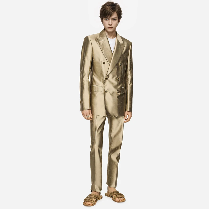 Golden men\'s casual suit with double breasted spring and autumn new product polka neck, British style fashionable men\'s suit