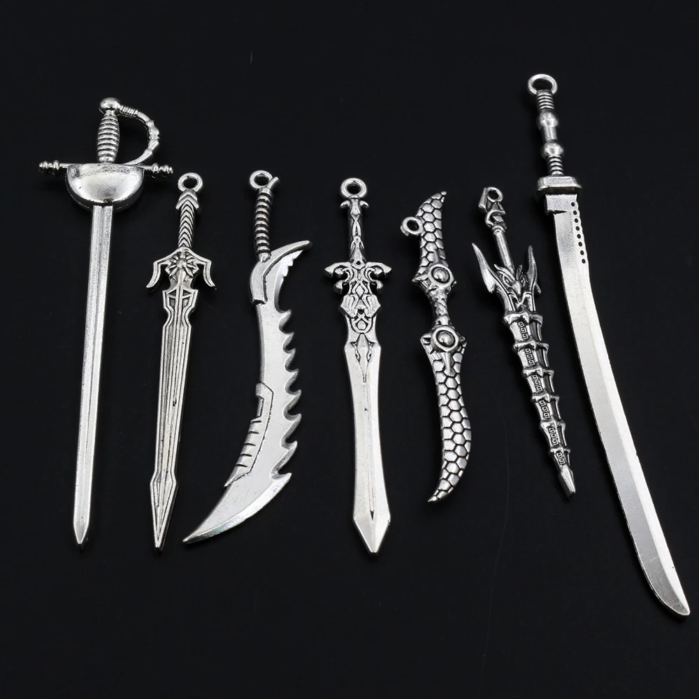 10pcs Antique Silver Plated Alloy Metal Sword Blade Charms Pedants DIY Jewelry Making Accessories Findings