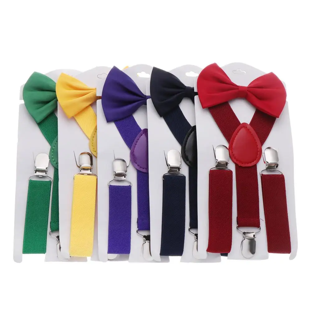 Kids Elastic Suspenders Bow Tie set Matching Tuxedo Suit Unisex Boy Girl Bowtie Wedding Costume Adjustable Y-Back Brace Belt