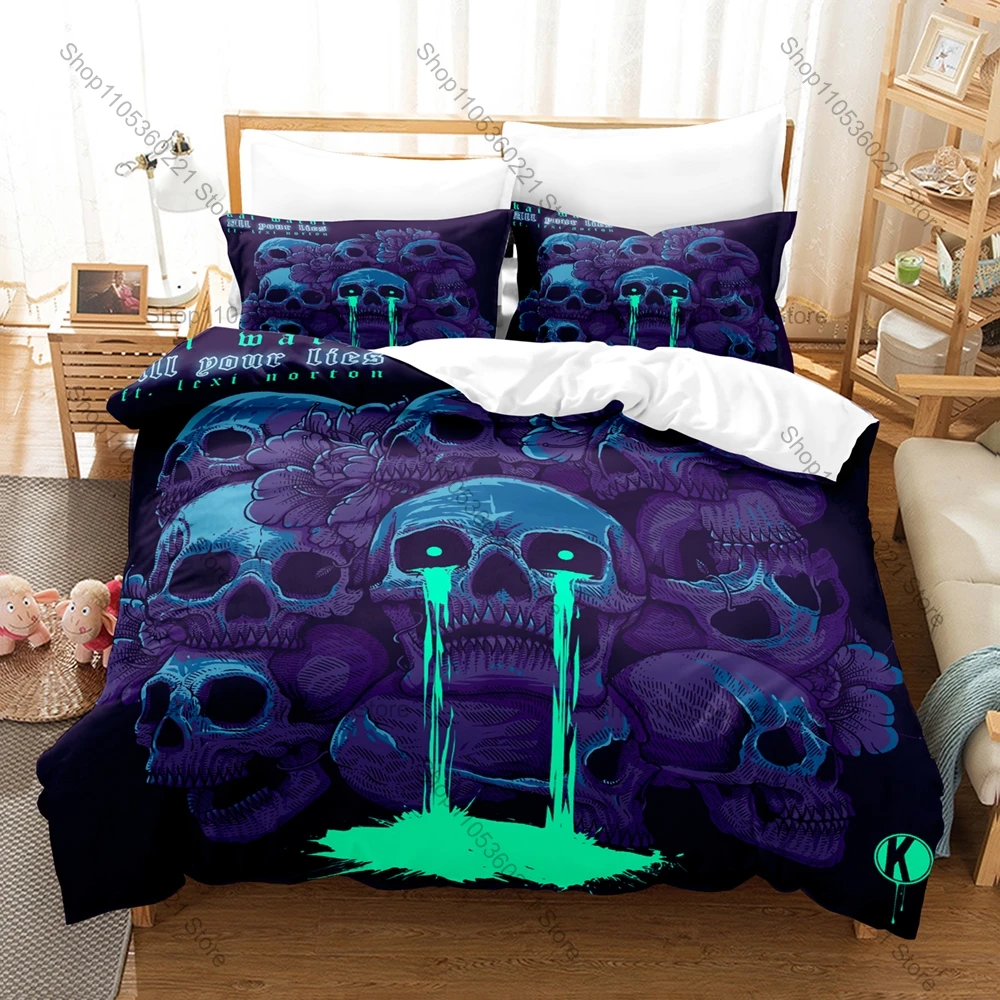 Cool Horror Skull Gothic Graphic Kai Wachi EDM Bass DJ Concert Merch Bedding Set Duvet Cover With 2 Pillowcases Teen Headbanger