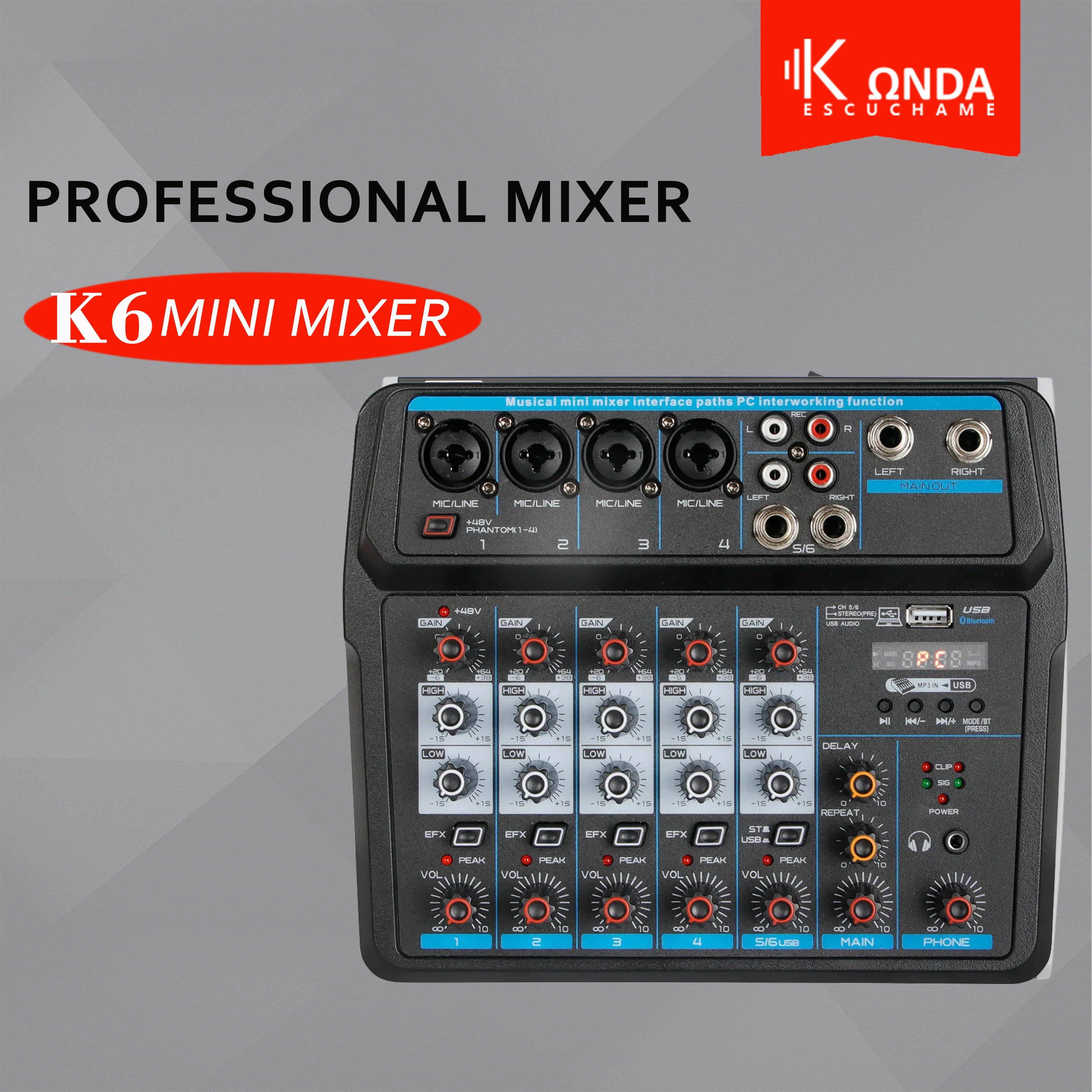 

K Ωnda K6 Sound Mixing Console Bluetooth USB Record Computer 48V Phantom Power Delay Repaeat Effect 4 Channels USB Audio Mixer