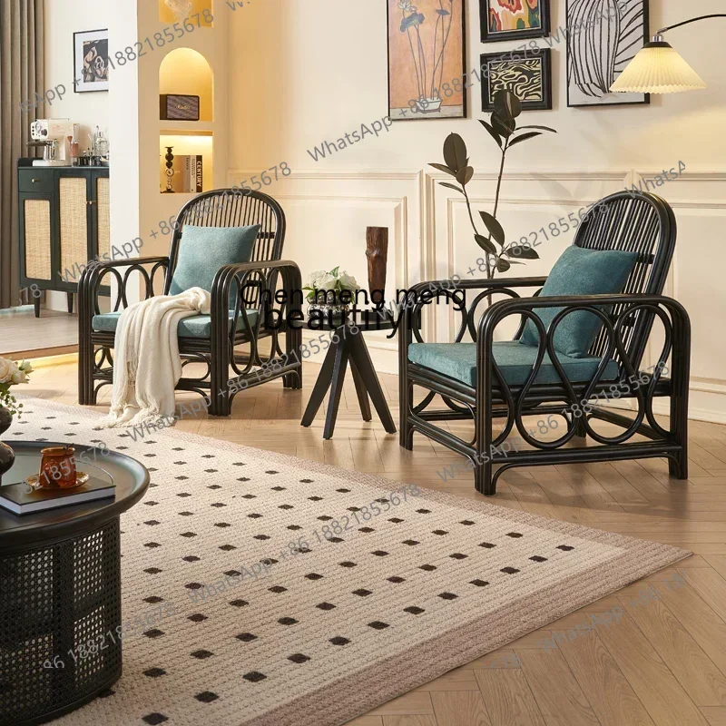 

Retro Rattan Leisure Chair Living Room Balcony Solid Wood Single-Seat Sofa Chair Nordic Hotel