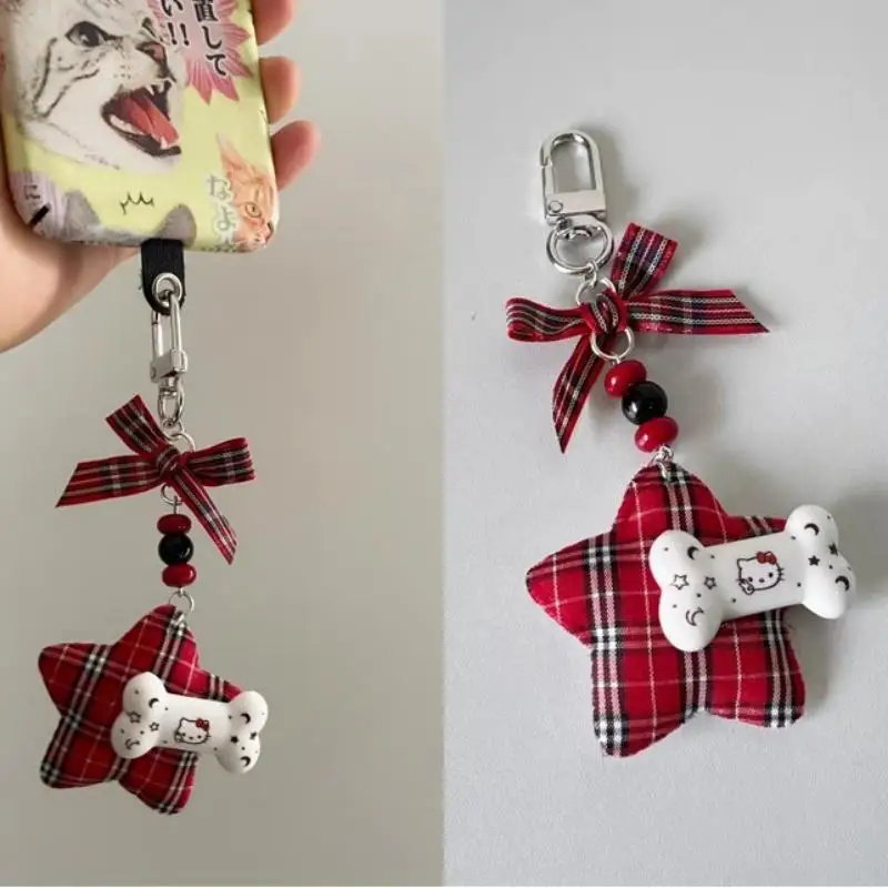 Hello Kitty Anime Retro Red Plaid Cute Keychain Girl Decorate Bow Star Bone Kitten Pendant Bag Pendant Mobile Phone Pendant Gift