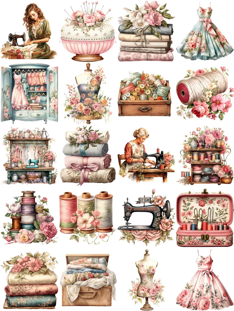 20Pcs/Pack Vintage Sewing Sticker DIY Craft Scrapbooking Album Junk Journal Decorative Stickers