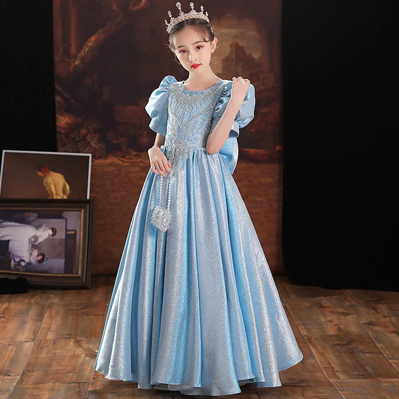 Elegant Party Dress for Teenagers Children Back Big Bowknot Plain Ball Gowns Kids Evenning Birthday Pageant Ceremonial Dresses