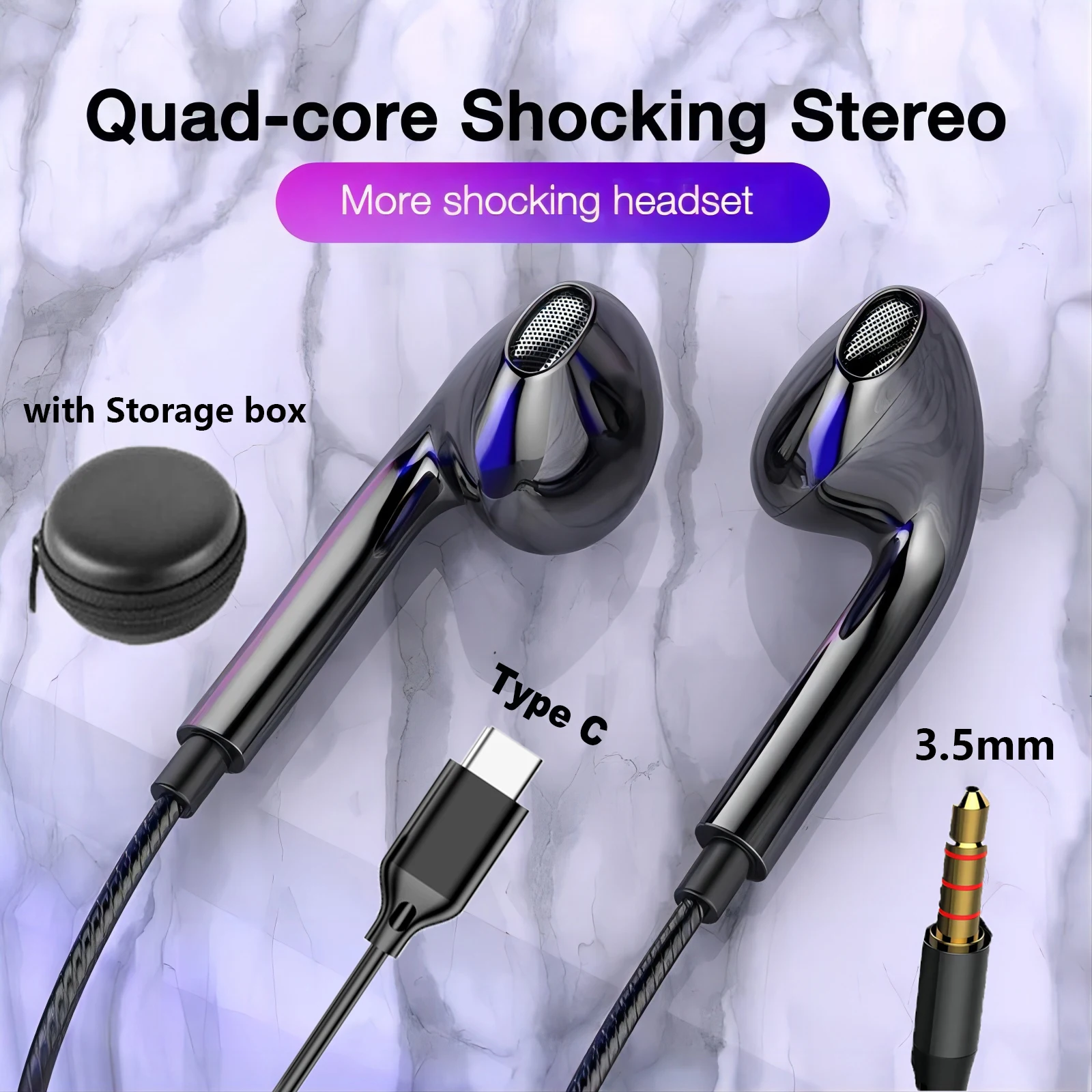 Wired 3.5mm Type C Headphone HiFi Bass Stereo Mic Earbuds For Samsung Galaxy S24 S23 S22 S21 iPhone 15 16 Google xiaomi huawei