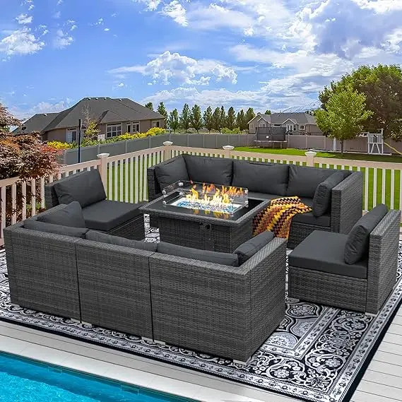 PE Wicker Patio Furniture Sectional High Back Large Size Sofa Sets with Propane Fire Pit Table Balcony Lounge Conversation Sets