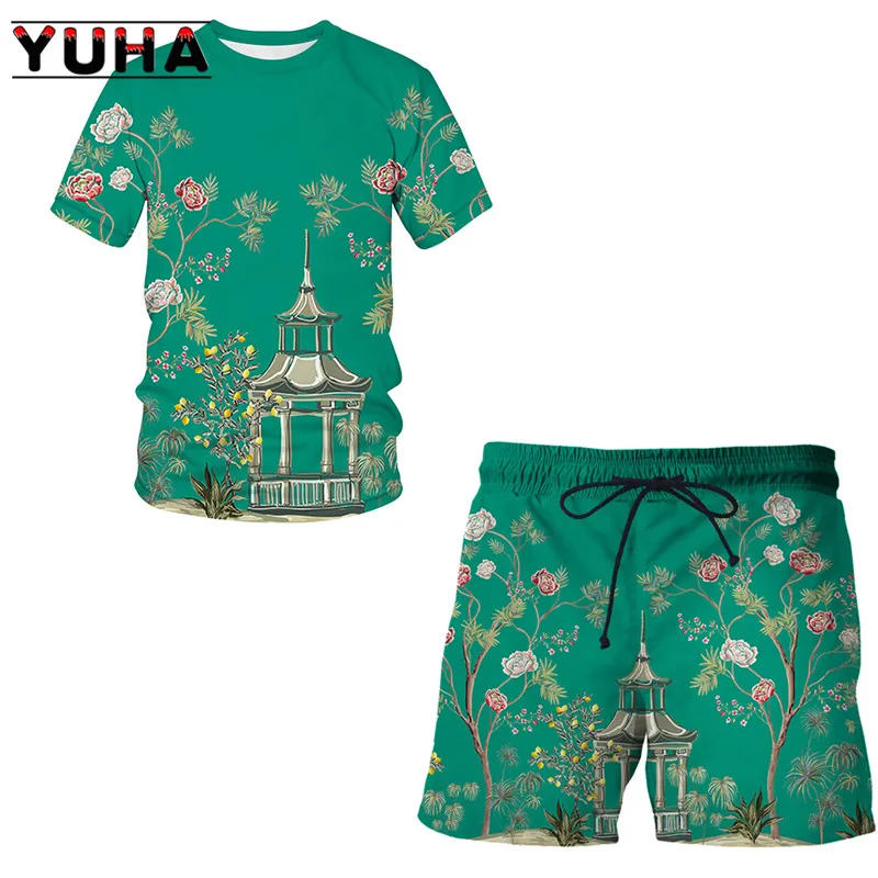 Yuha verão terno 3d flor, pássaro e planta ilustração camiseta shorts hip hop homem/mulher topos roupas crianças manga curta