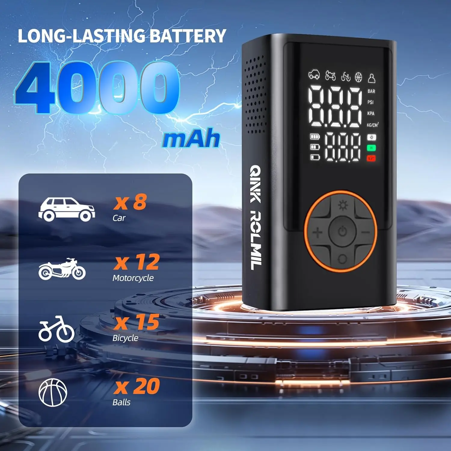 Portable Tire Inflator, 150 PSI Cordless Air Pump with Digital Display & LED Light for Cars, Motorcycles, Bikes, Balls