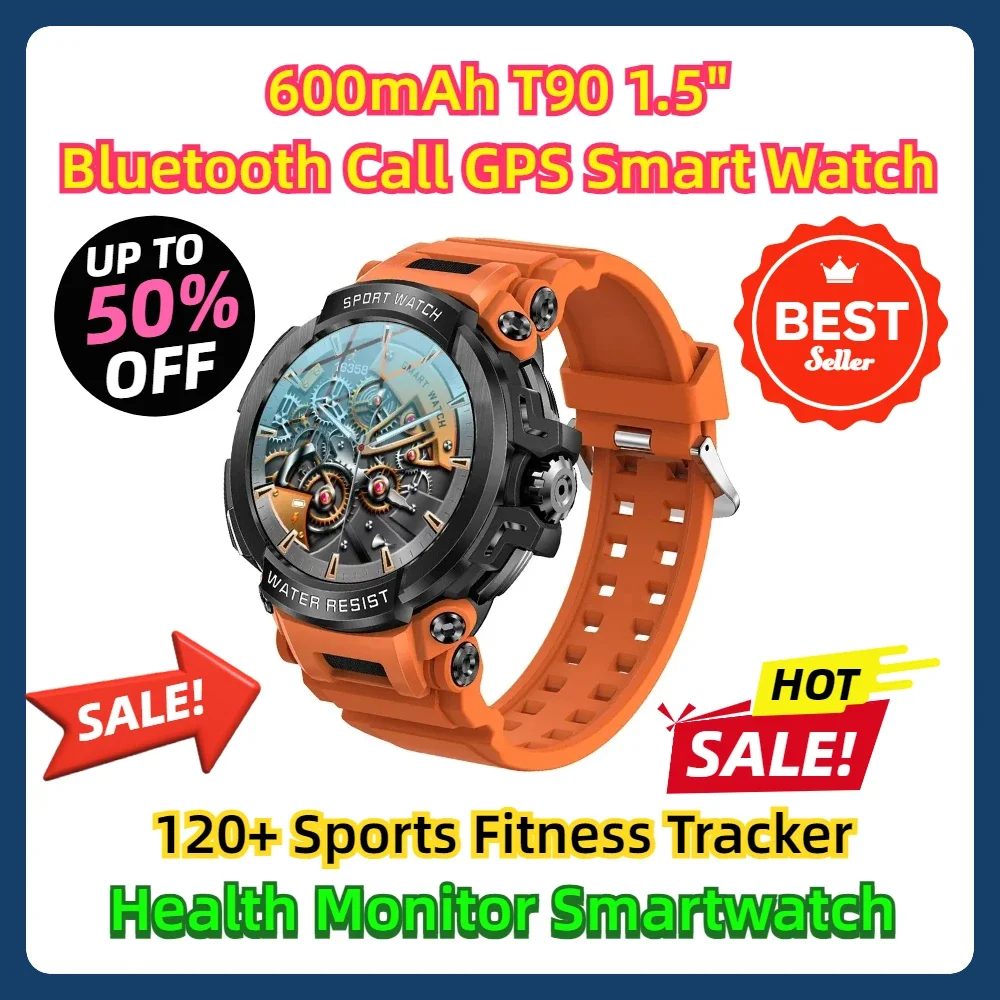 

For Android IOS 600mAh T90 1.5" Bluetooth Call GPS Smart Watch Men 120+ Sports Fitness Tracker Health Monitor Smartwatch