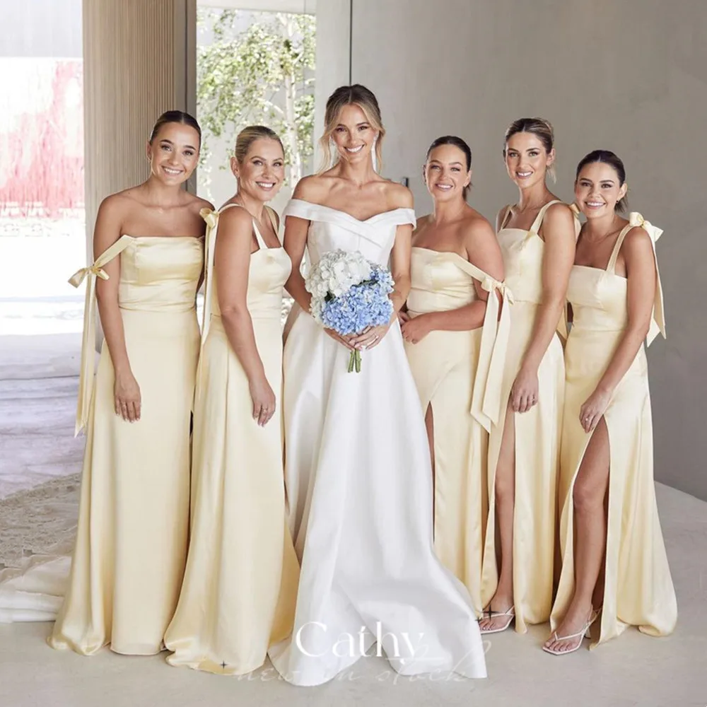 

Cathy Silk فساتين السهرة Simple Straight Prom Dress Spaghetti Strap Bridesmaid Dresses Light champagne Vestidos De Noche