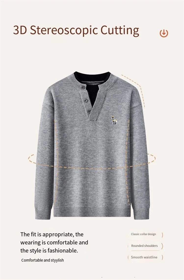 Koreanische Version Herren-Langarm-Pullover, Falscher Zweiteiler mit Knöpfen, Farbblockierung, V-Ausschnitt, Bestickte Strickware, Modische Herrenbekleidung – Detail 4