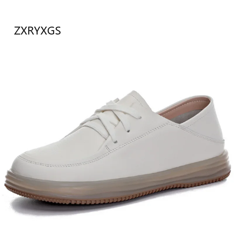 ZXRYXGS Promotion Top Layer Cowhide White Shoes Black Sneaker 2025 New Spring Lace-up Women Flats Leisure Shoes Tide Large Size