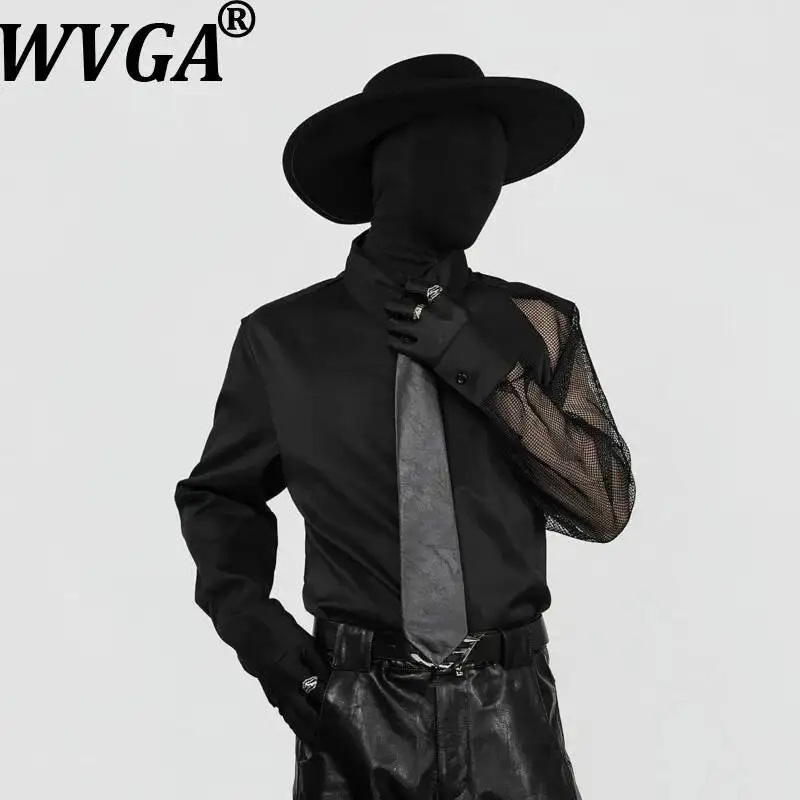 

WVGA Spring Summer New Men Streetwear Mesh Patchwork Trendy Regular Shoulder Long Sleeved Shirt Niche Casual Tie Tops Ins W24615