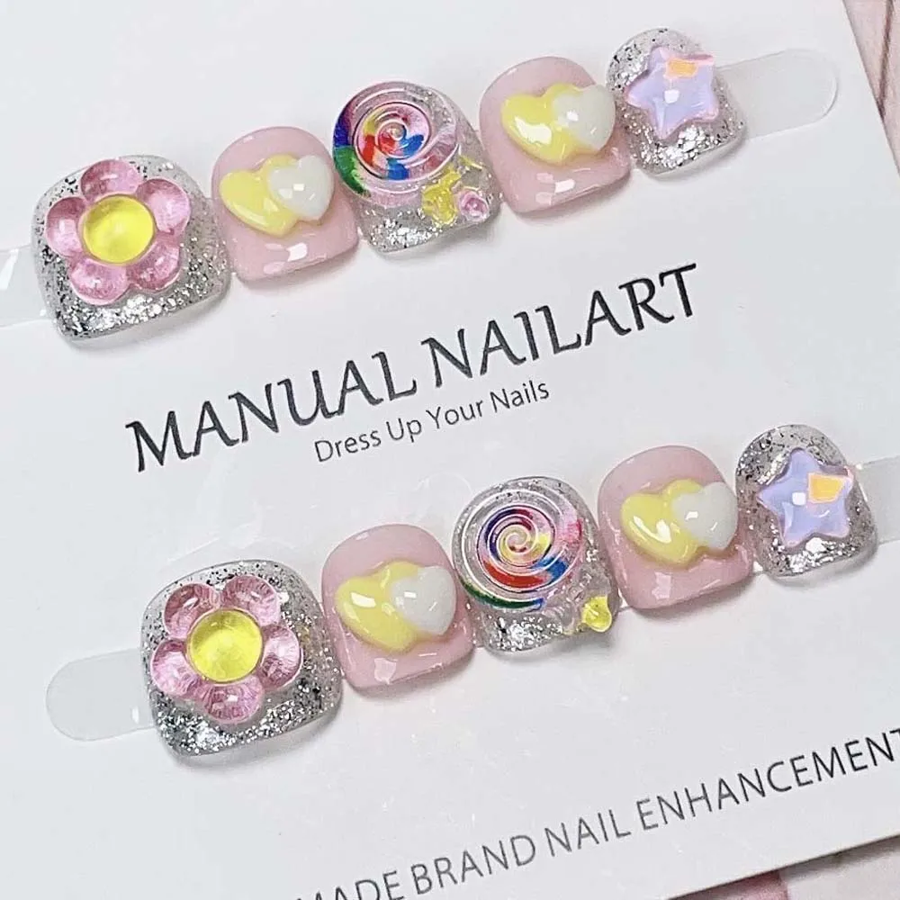 Lollipop Children False Nails Cartoon Nail Supplies Kids Fake Nail Extension 3-12 Years Old Pink Kids Flower Fake Nails