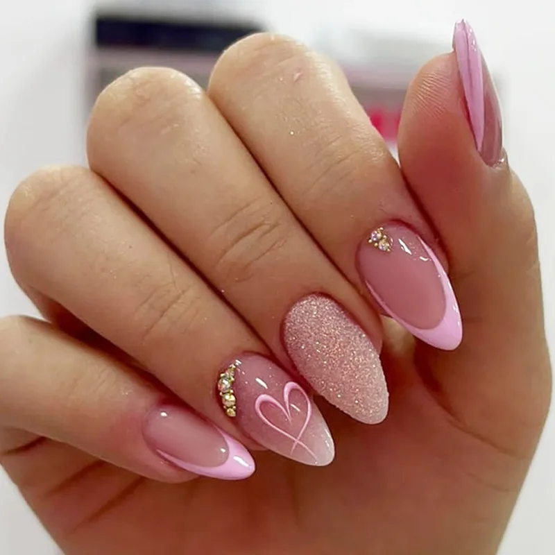 24pcs Valentine French Glitter Powder Heart Pattern False Nails Gradient Pink Press on Nails Almond Full Cover Wearable Manicure