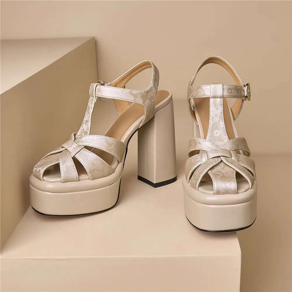 Aucegi Summer Apricot Silver Women Embossed Leather Sandals Round Toe Platform Square High Heels Fashion Career Dress Shoes