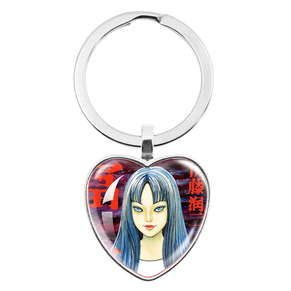 Horror Movie Tomie Kawakami Glass Peach Heart Keychain Cartoon Jewelry Backpack Accessory Pendant Keyrings Gifts