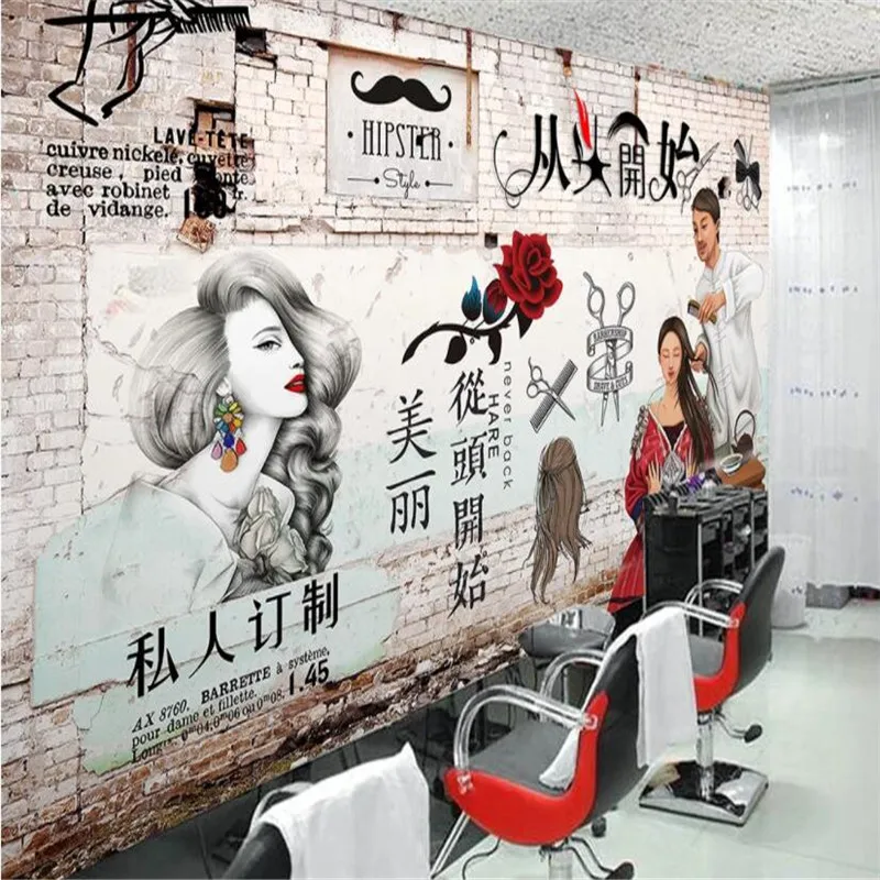 

Custom Size Text Logo Retro Hair Salon Brick Wall Background Wall Paper 3D Barber Shop Industrial Decor Mural Wallpaper 3D