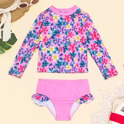 Girls Swimsuits Two Pieces Ruffle Swimwear Rash Guard Set Tankini Long Sleeve Floral Bathing Suit for Beach