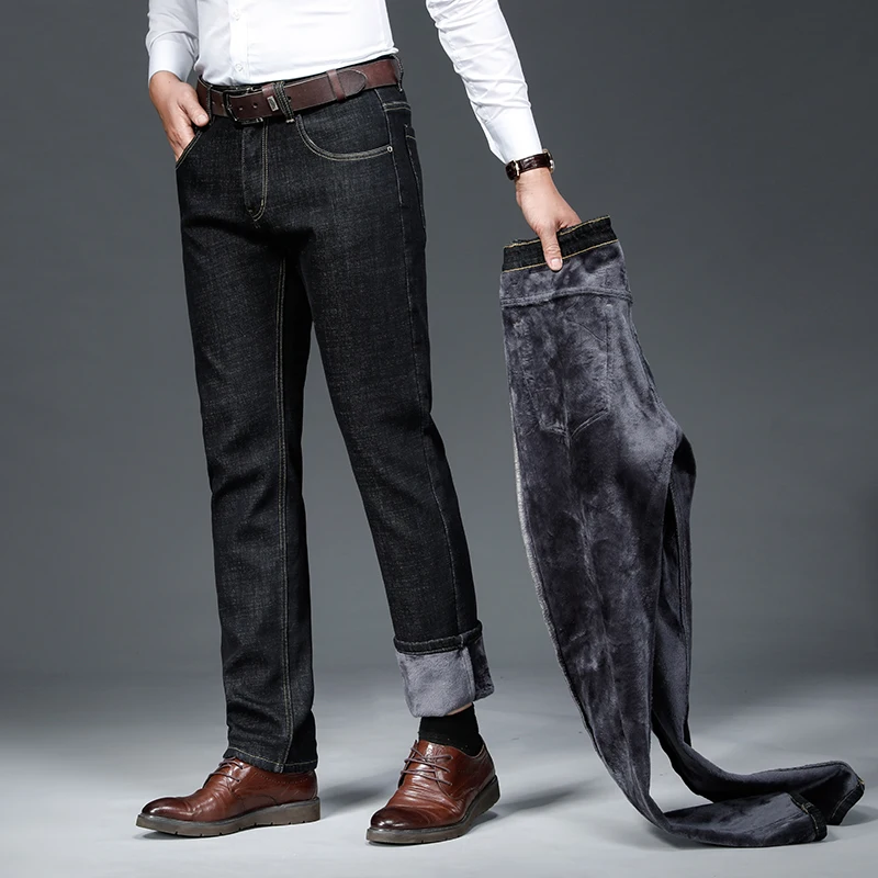 クラシックスタイルメンズ冬フリースジーンズルーズストレートレッグパンツ男性厚手ビジネスカジュアルファッションメンズストレッチパンツ