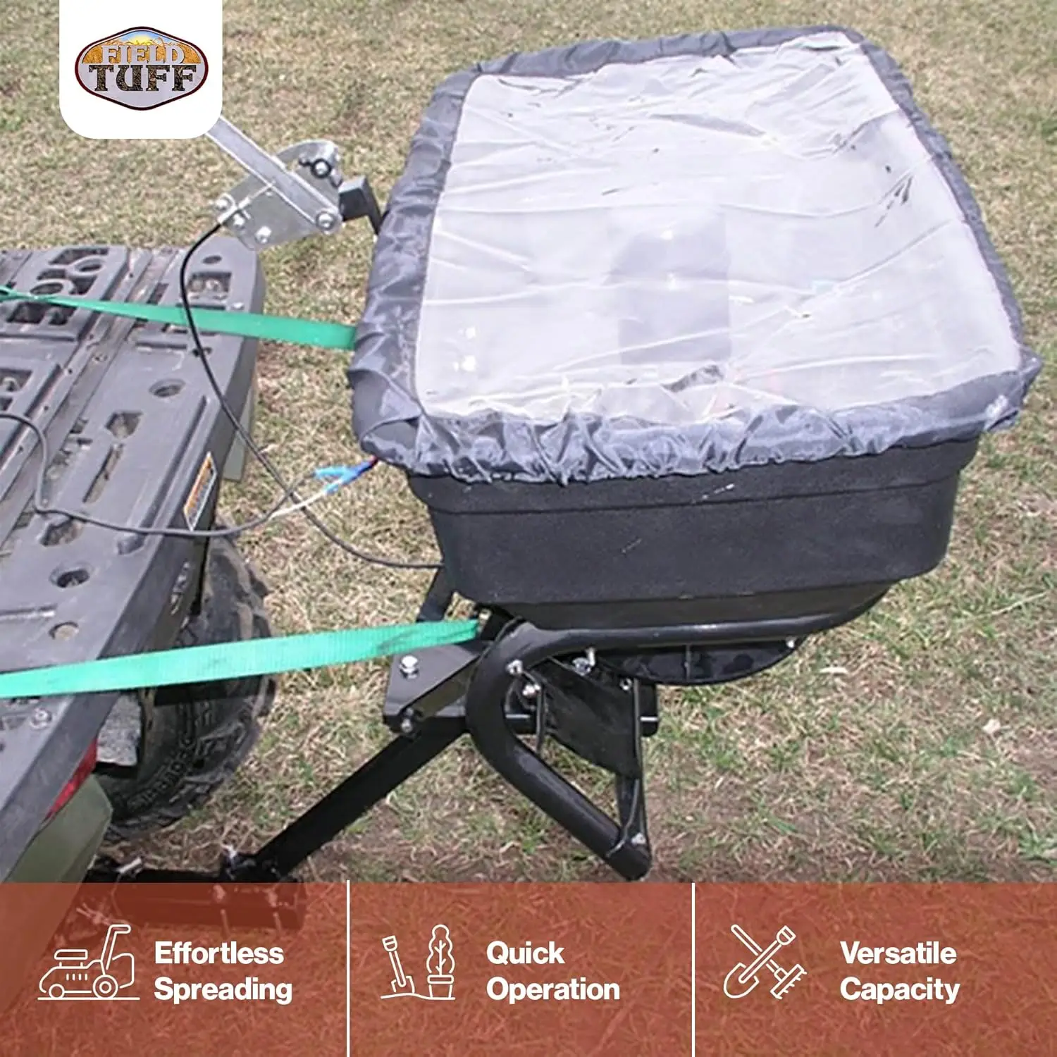 Mount Grass Seed Spreader, Campo Tuff Hitch, Protetor de Chuva para ATV, UTV, Trator Utilitário, Preto