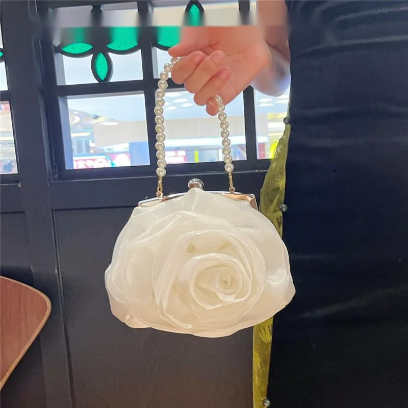 Satin Rose Evening Bag Designer Dinner Party Wedding Flower Purse Luxury Handbags Design Silk Pleated Clutches Female