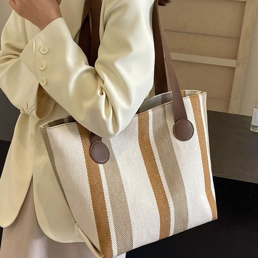 2024 New Fashionable Contrasting Striped Canvas Commuter Tote Bag Large Bag Women\'s  Trendy Underarm Shoulder Bag