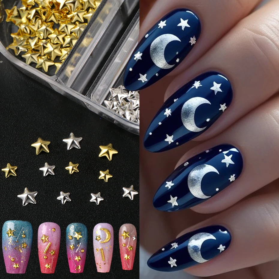 12 Grids Golden Silvery Stars Heart Nail Charms Metallic Stars Heart Sequins for Nails Suitable for Ramadan Women's Nail Decor view 3
